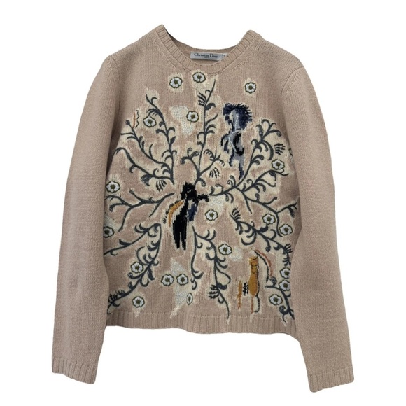 Dior Embroidered Flower Motif Knitted Sweater in Beige Cashmere - Picture 1 of 11